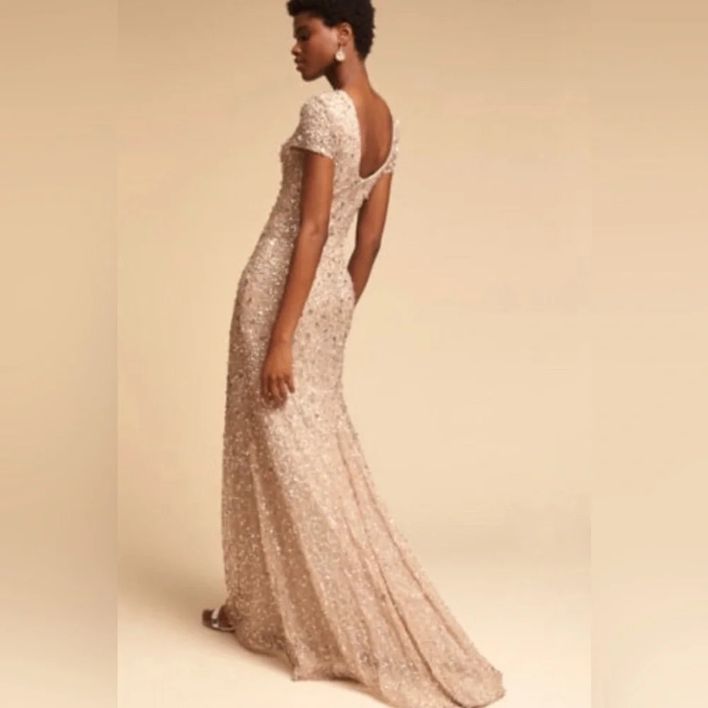 Anthropologie BHLDN Adrianna Papell Lucent Elegant Gold Sequin Evening G…